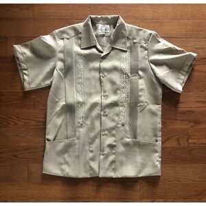 Vintage Guayabera Shirt Made in Mexico 70s 80s Cuban Style Taupe Men's Medium